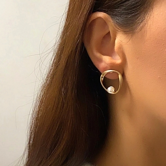 Gold hoop Pearl stud earrings abstract minimalist dainty cocktail party 💖2/$30 - Picture 1 of 11